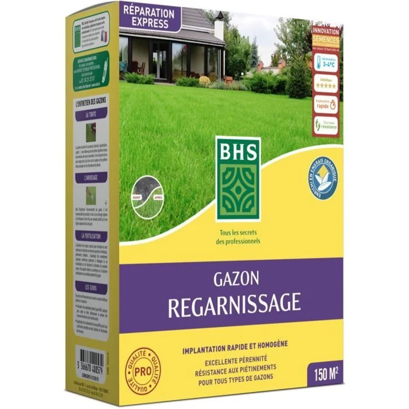 Gazon Regarnissage Terrain Sec - BHS - 3kg | 150 m² | Résistant et durable, avec excellente pérennité et tolérance aux piétinements.