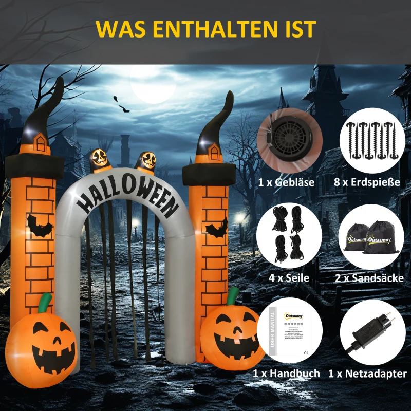 Outsunny Aufblasbarer Halloween-Torbogen, Kürbis-Design, LEDs, Heringe, Polyester(m-6)