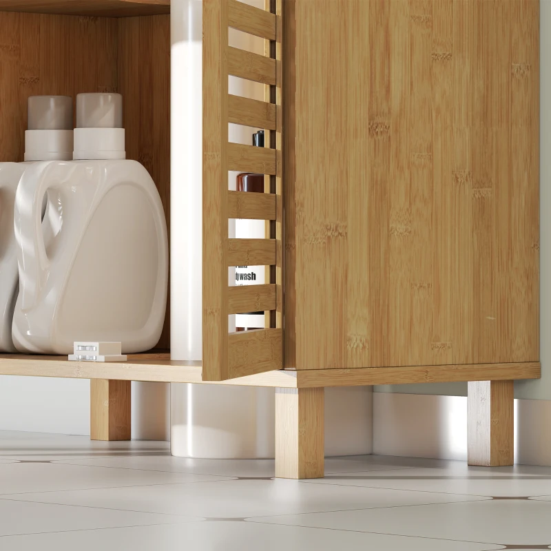 HOMCOM Bamboo Under-Sink Cabinet with 2 Slatted Doors Adjustable Shelf for Sinks With or Without Pedestal Natural