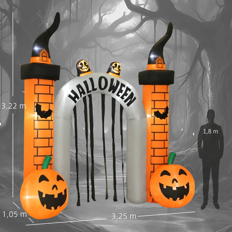 Outsunny Aufblasbarer Halloween-Torbogen, Kürbis-Design, LEDs, Heringe, Polyester(m-3)