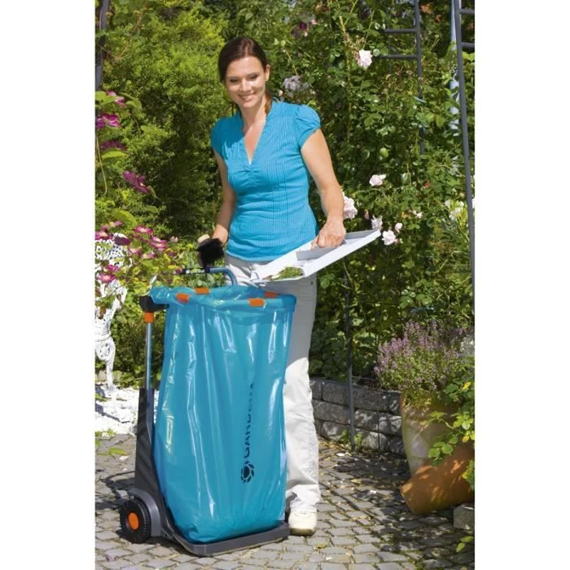 Chariot de jardin mobile GARDENA - Armature métallique - Hauteur de sac réglable - 70kg max - Bleu