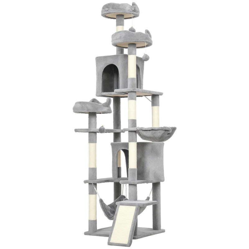PawHut Arbre à chat tour de jeux pour chat 8 poteaux à griffer 4 plateformes 2 niches  échelle et 3 boules hauteur 192 cm gris