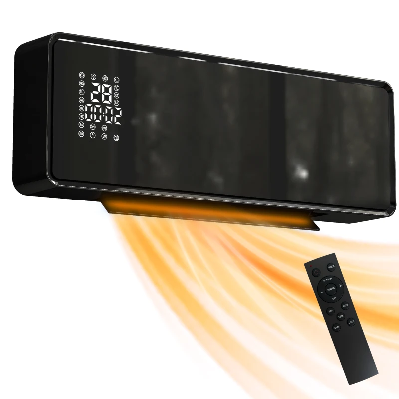 HOMCOM Calefactor mural cerámico 1000/2000W, radiador eléctrico, ventilador, termostato, temporizador, 54x18,7x12,3cm, negro