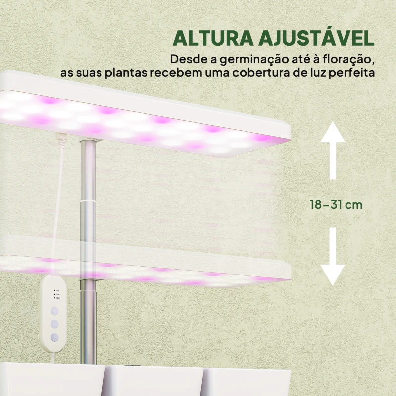 Outsunny Luz de Crescimento com 30 LED de Espectro Completo Ajustável em Altura com Temporizador Automático 8/12/16/24H 5 Níveis de Brilho e 3 Vasos 31,8x13,4x18,6-35,6 cm Branco