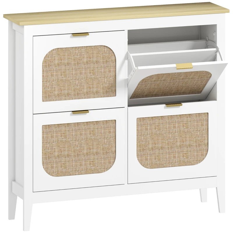 HOMCOM Meuble à chaussures 20 paires bohème avec 4 tiroirs rabattables, portes effet cannage rotin, 105 x 24 x 95,5 cm, blanc(m-11)
