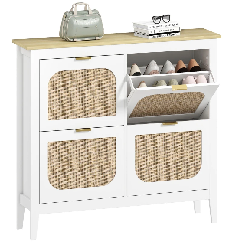 HOMCOM Meuble à chaussures 20 paires bohème avec 4 tiroirs rabattables, portes effet cannage rotin, 105 x 24 x 95,5 cm, blanc(m-10)