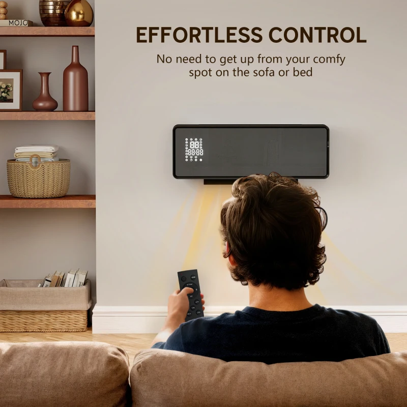 HOMCOM Calefactor mural cerámico 1000/2000W, radiador eléctrico, ventilador, termostato, temporizador, 54x18,7x12,3cm, negro