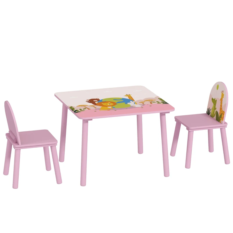 AIYAPLAY Ensemble Table et Chaises pour Enfants 3-8 ans avec Motifs Animaliers et Bords Arrondis, en MDF et Bois de Pin Rose