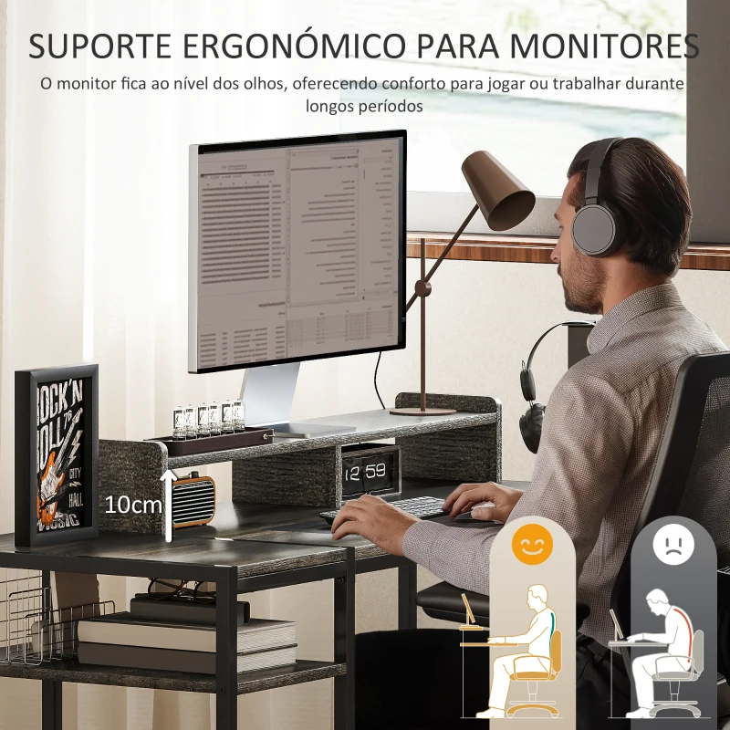 HOMCOM Secretária com Prateleiras Laterais Suporte para Monitor Ajustável e Estrutura Móvel 120x48x85,5 cm Madeira Acinzentada