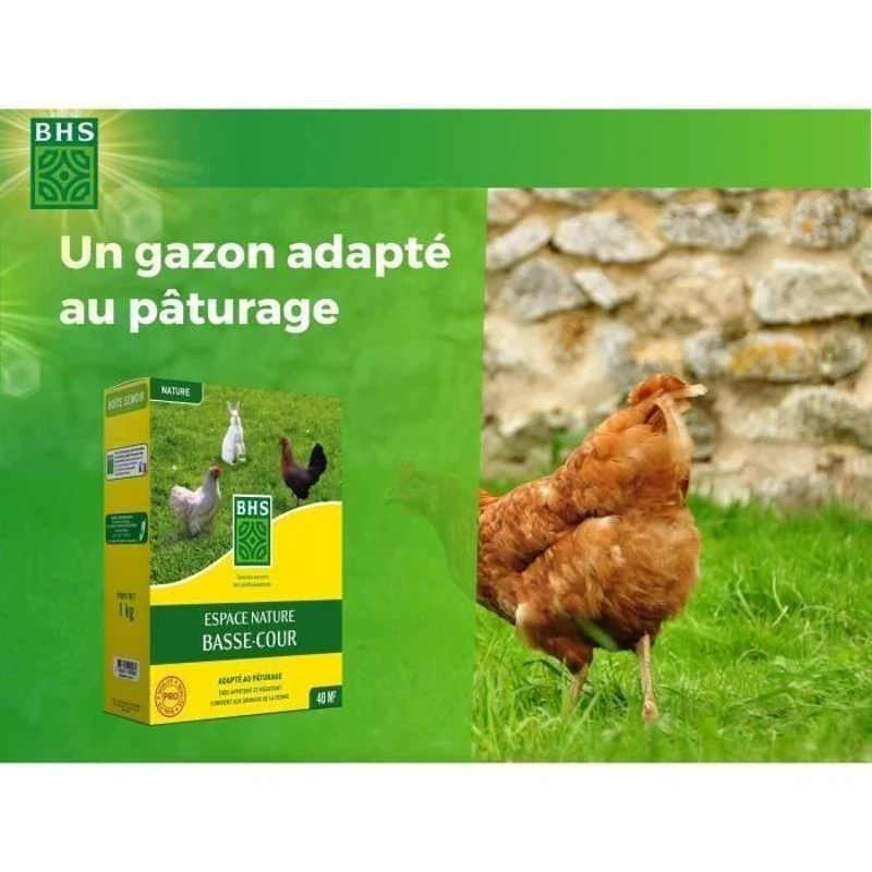 Gazon - BHS - Espace Nature 1kg | 40m² | Riche en protéines, rapide, homogene | Bien-etre des animaux en extérieur.