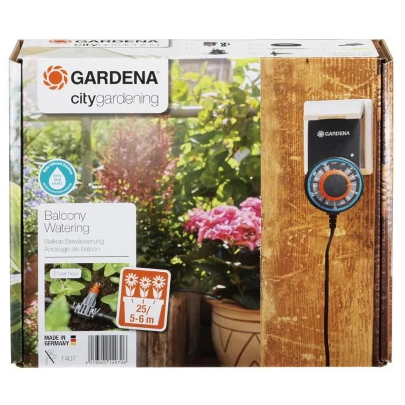 GARDENA Arrosoir automatique balcons et terrasses – Kit complet – Arrosage autonome – Alimentation via prise 230V – (1407-20)