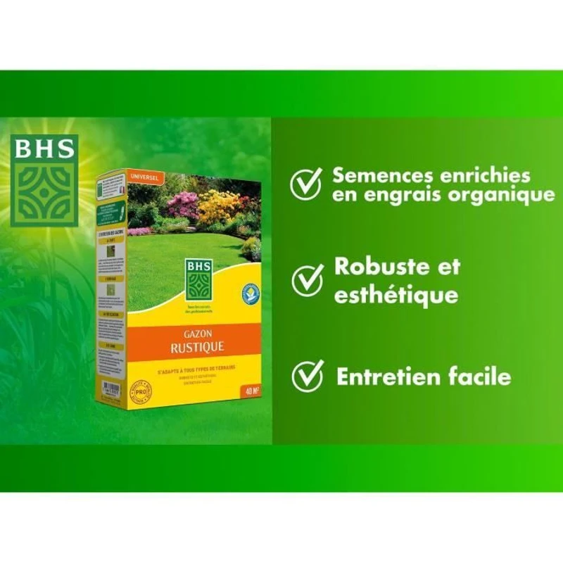 Gazon - BHS - Gazon Rustique 1 KG - Plus résistant et mieux protégé - Rapide et Durable - Tous Types de Terrain et Climats, Robuste