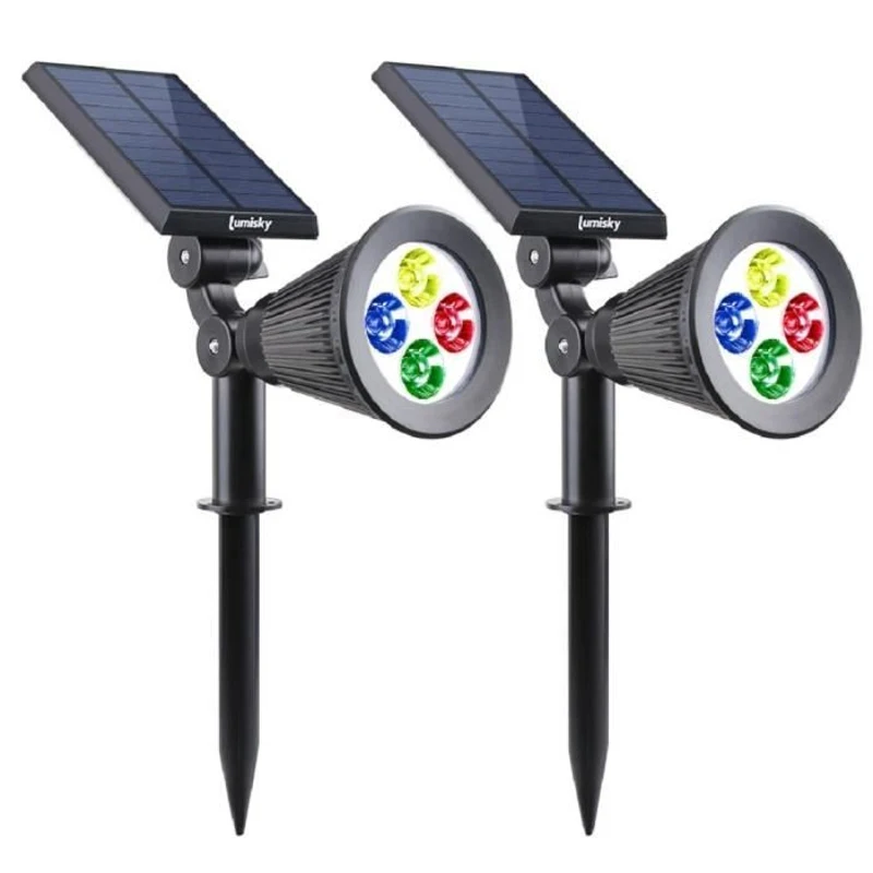 Pack de 2 Spots solaires extérieur étanches - LUMISKY - 4 LEDs colorées RGB - 200 Lumens - Tete pivotante a 90°C