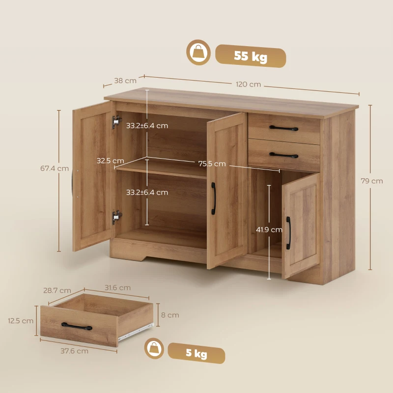 HOMCOM Meuble de Cuisine avec 2 Tiroirs et 3 Armoires, Étagères Réglables, 120x38x79 cm, Chêne