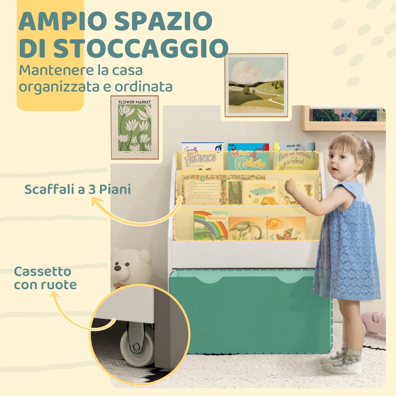 AIYAPLAY Libreria per Bambini 3-8 Anni a 3 Ripiani con Cassetto Inferiore, in MDF, 62.5x30x70 cm, Verde