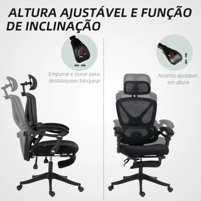 HOMCOM Cadeira de Escritório de Malha com Apoio para a Cabeça Suporte Lombar Apoio para os Pés Função de Inclinação 71x70x109-119 cm Preto