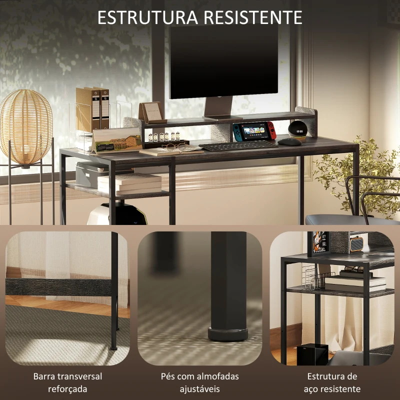 HOMCOM Secretária com Prateleiras Laterais Suporte para Monitor Ajustável e Estrutura Móvel 120x48x85,5 cm Madeira Acinzentada