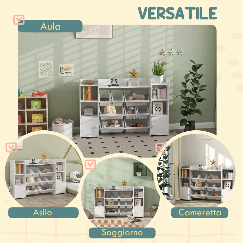 AIYAPLAY Scaffale Portagiochi per Bambini con 8 Contenitori Rimovibili e Armadietti, 140x30x90 cm, Bianco
