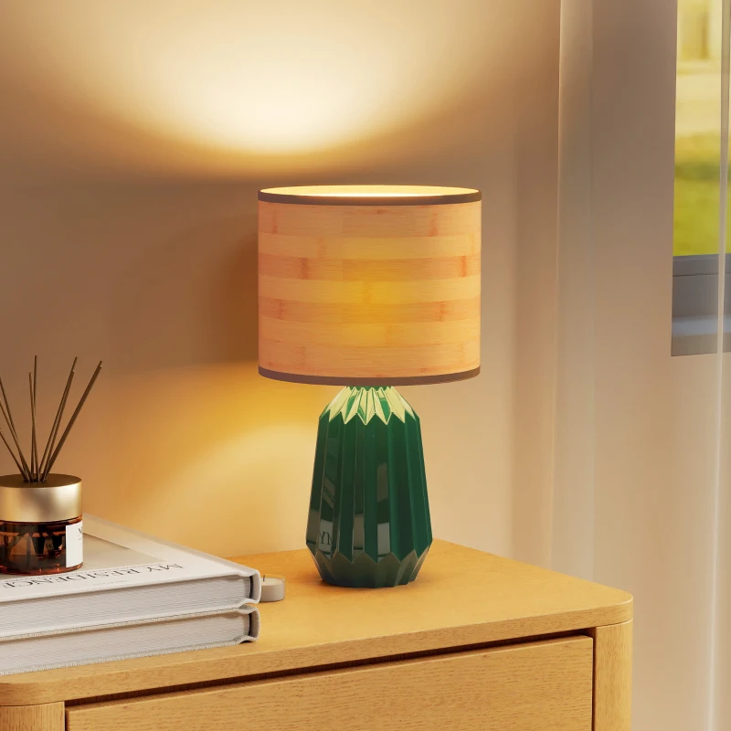 HOMCOM Tischlampe mit Keramikfuß und Leinen-Schirm Retro-Stil für Schlafzimmer 40 W Grün und Naturholz