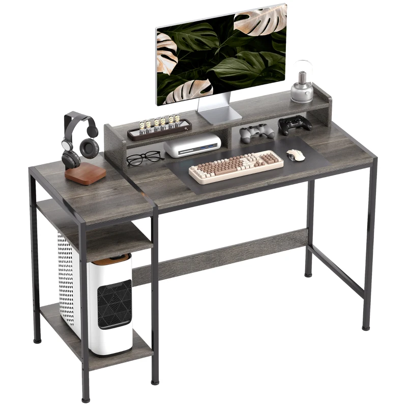 HOMCOM Secretária com Prateleiras Laterais Suporte para Monitor Ajustável e Estrutura Móvel 120x48x85,5 cm Madeira Acinzentada