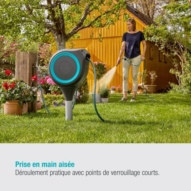 Dévidoir automatique sur pic RollUp S 15 m - GARDENA - Liseret bleu - Enroulement automatique du tuyau