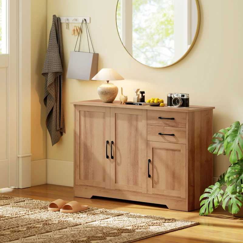 HOMCOM Meuble de Cuisine avec 2 Tiroirs et 3 Armoires, Étagères Réglables, 120x38x79 cm, Chêne