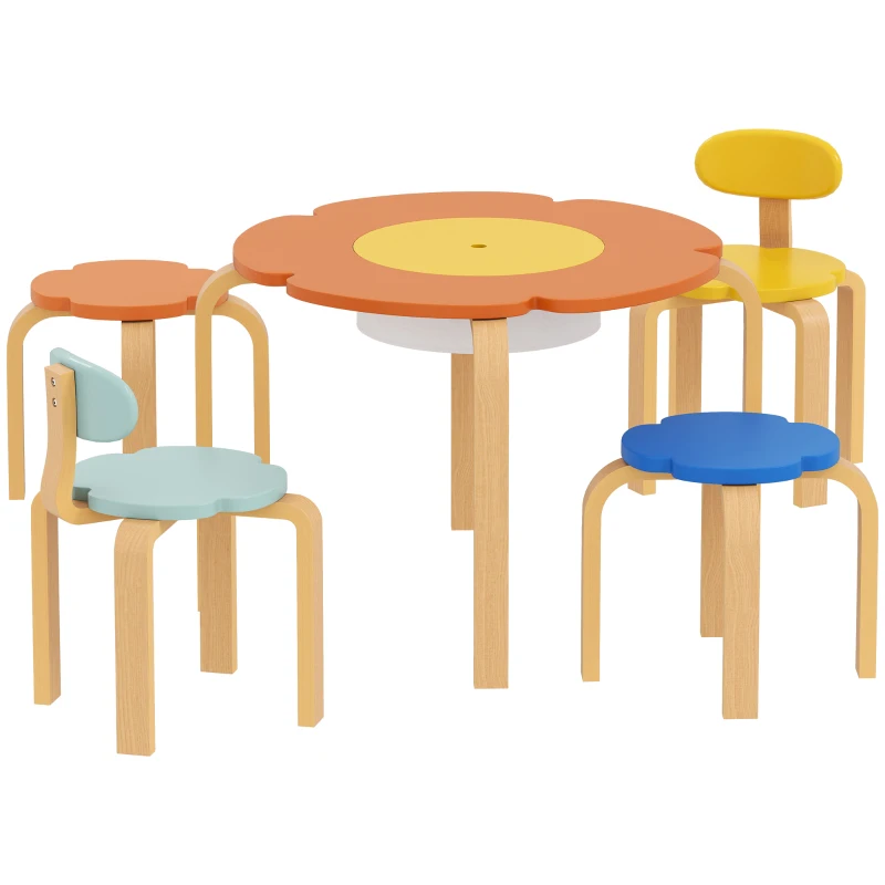 AIYAPLAY Set tavolo e sedie per bambini da 5 pezzi, con tasca portaoggetti, forma a fiore, in legno, Multicolore