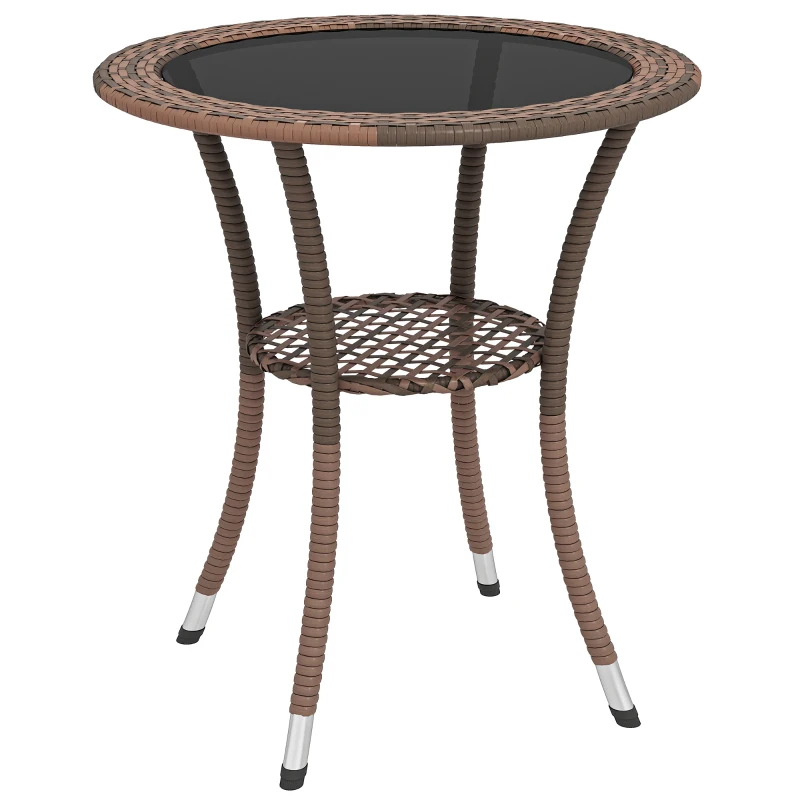 Outsunny Mesa de Jardín Redonda Ø64x71 cm con Estante Marco de Acero y Encimera de Cristal Carga 50 kg para Terraza Patio Marrón