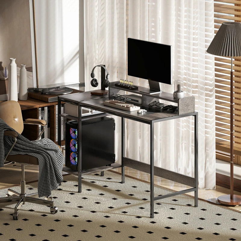 HOMCOM Secretária com Prateleiras Laterais Suporte para Monitor Ajustável e Estrutura Móvel 120x48x85,5 cm Madeira Acinzentada