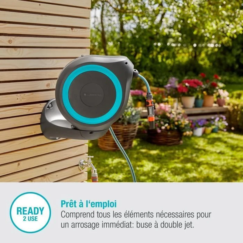 Dévidoir automatique mural RollUp M 20 m - GARDENA - Liseret bleu - Enroulement automatique du tuyau