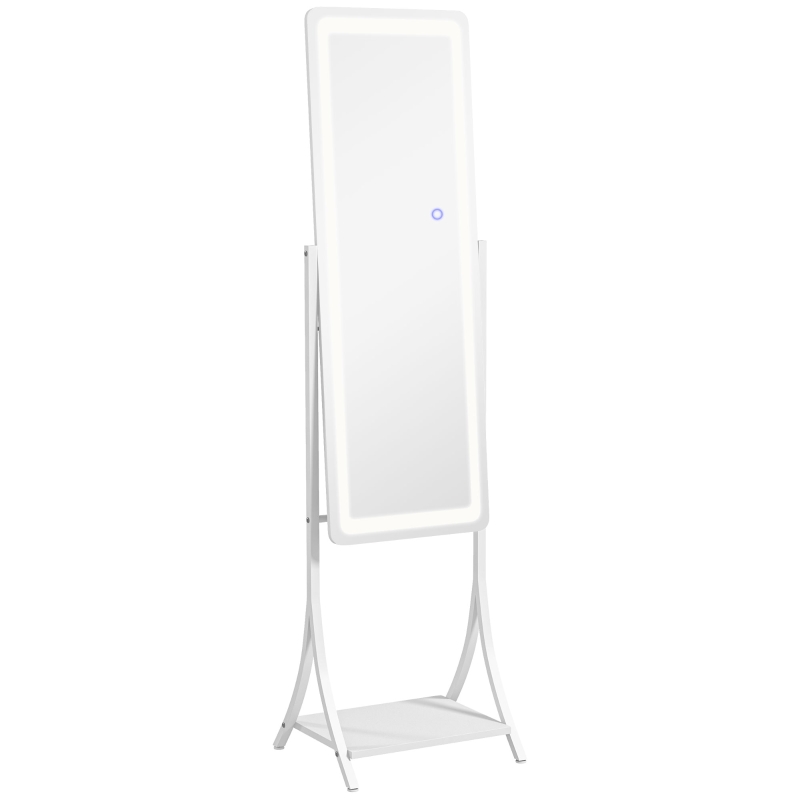 HOMCOM Free Standing Dressing Mirror with LED Lights, Full Length Mirror with 3 Temperature Colours and Storage Shelf