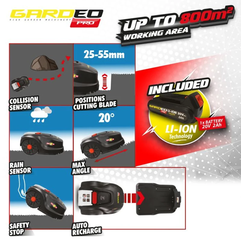 Tondeuse Robot - GARDEO - GRO20V20WIFI-2A - 20V - 800m² - Programmable Wifi