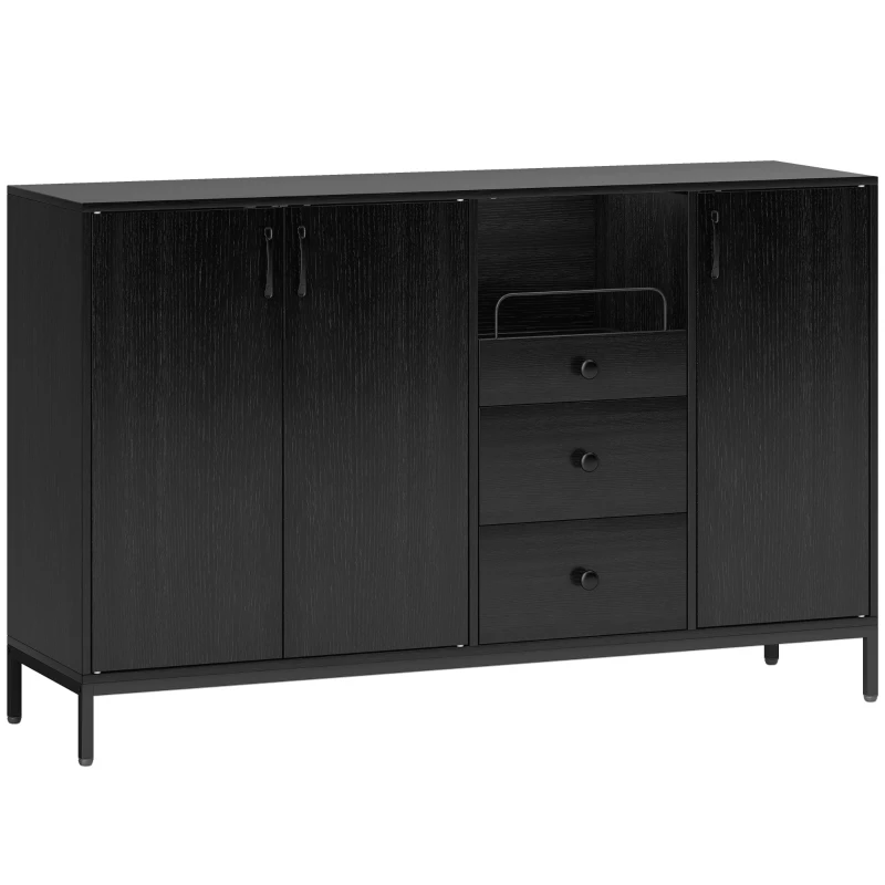 HOMCOM Aparador com 3 Portas e 3 Gavetas Prateleiras Ajustáveis para Cozinha, Entrada Sala de Jantar Quarto 143,5x40x90 cm Preto