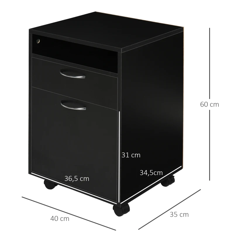 HOMCOM Rolling Cabinet Drawer Unit Container, 1 Compartment, 1 Shelf, 1 Drawer, 40 cm x 3 cm x 60 cm, Black