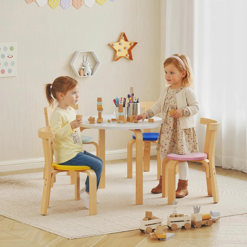 AIYAPLAY Ensemble Table et Chaises pour Enfants 3-8 Ans 5 pcs avec Bords Arrondis en Bois Multicolore