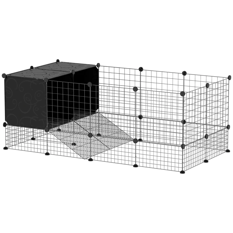 PawHut Cușcă Modulară pentru Animale Mici cu 2 Căsuțe Ridicate, Țarc cu 31 de Panouri, 140x70x52 cm, Negru