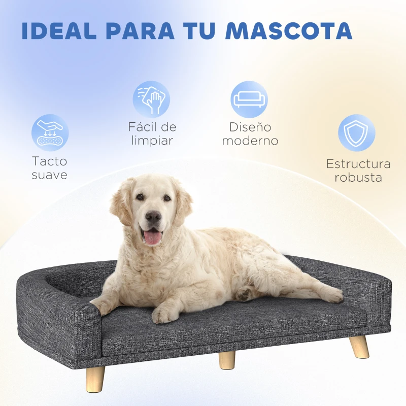 PawHut Sofá para Perros Grandes Cama Elevada para Perros con Cojín Lavable y Patas de Madera Carga 40 kg 98x67x25cm Gris Oscuro