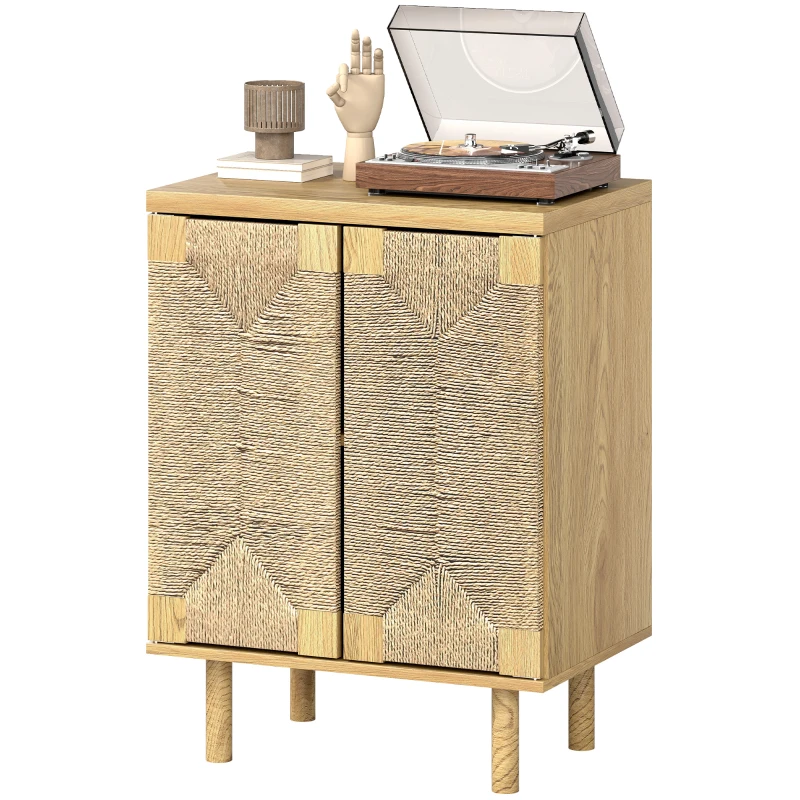 HOMCOM Anrichte im Boho-Stil mit 2 Türen und handgeflochtener Kordel Verstellbarer Einlegeboden Push-to-open Eiche 60x40x78 cm