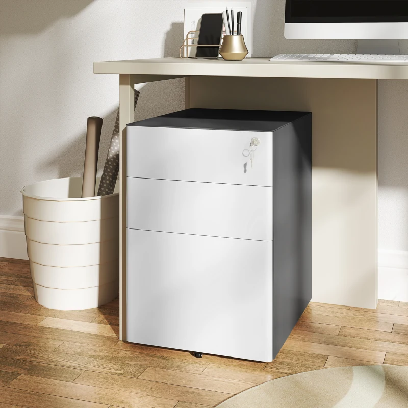 Vinsetto Filing cabinet, Rolling cabinet, 3 Drawers & Hanging File, Lock, Steel Housing, 39x48x59 cm, White+Gray