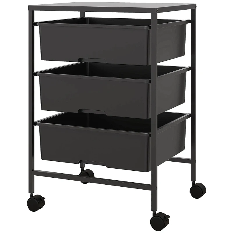 HOMCOM Side Cart with Wheels, 3 Baskets for Transport and Storage, Kitchen Cart, 40.8L x 33.5W x 60.5H cm, Black