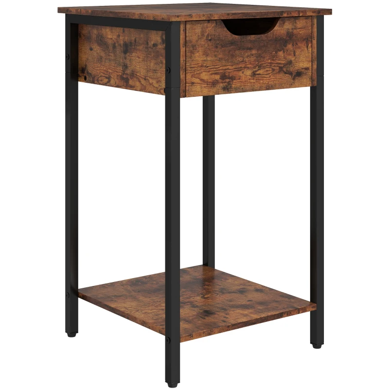 HOMCOM Industrial-style side table, with drawer and shelf, metal frame, wood, 40 x 40 x 68 cm, Brown
