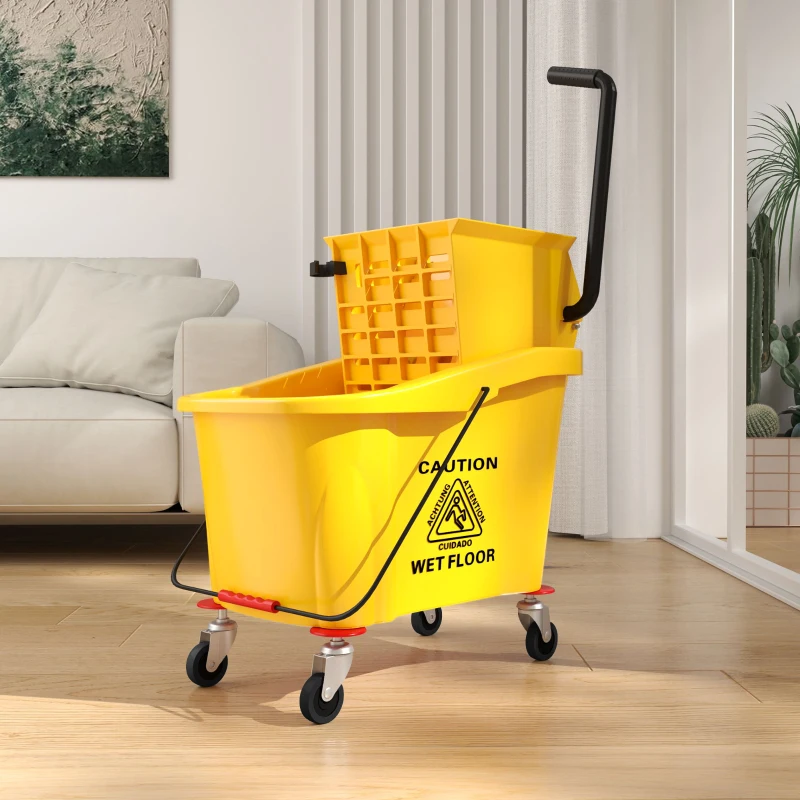 HOMCOM Mop Bucket on Wheels with Mop Wringer, Mop Holder, 36 L, Plastic, Yellow