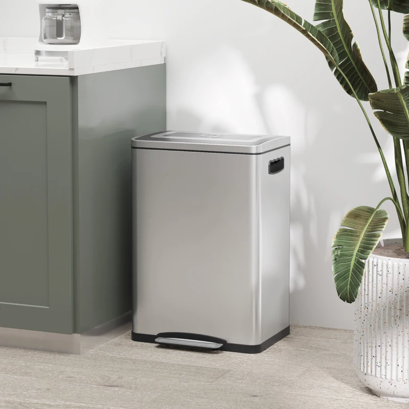 HOMCOM Trash Can, Bin with Lid and Pedal, Stainless Steel, 2 x 20 L Compartments, Silver