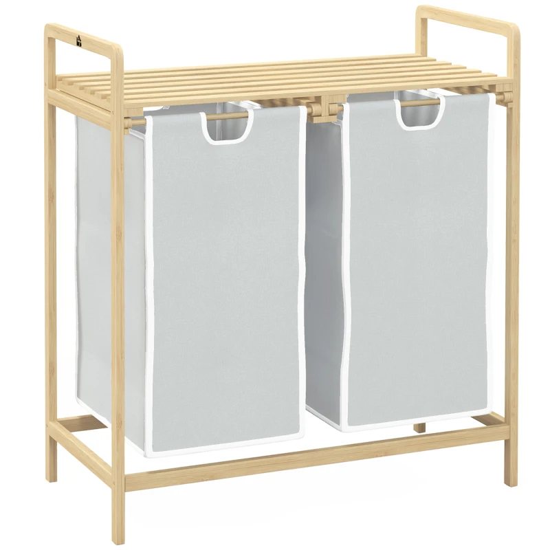 HOMCOM Laundry basket with 2 wash bags, 1 shelf, bamboo, 63.5 cm x 33 cm x 73 cm, Light gray + Natural