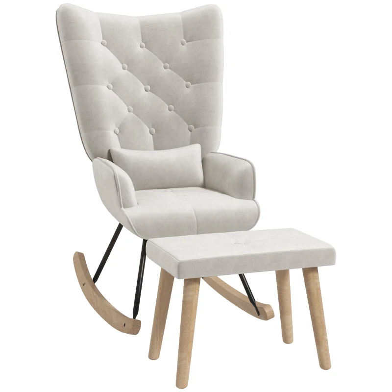 HOMCOM Rocking armchair with footstool, padded, high back, velvet, up to 150 kg, cream white