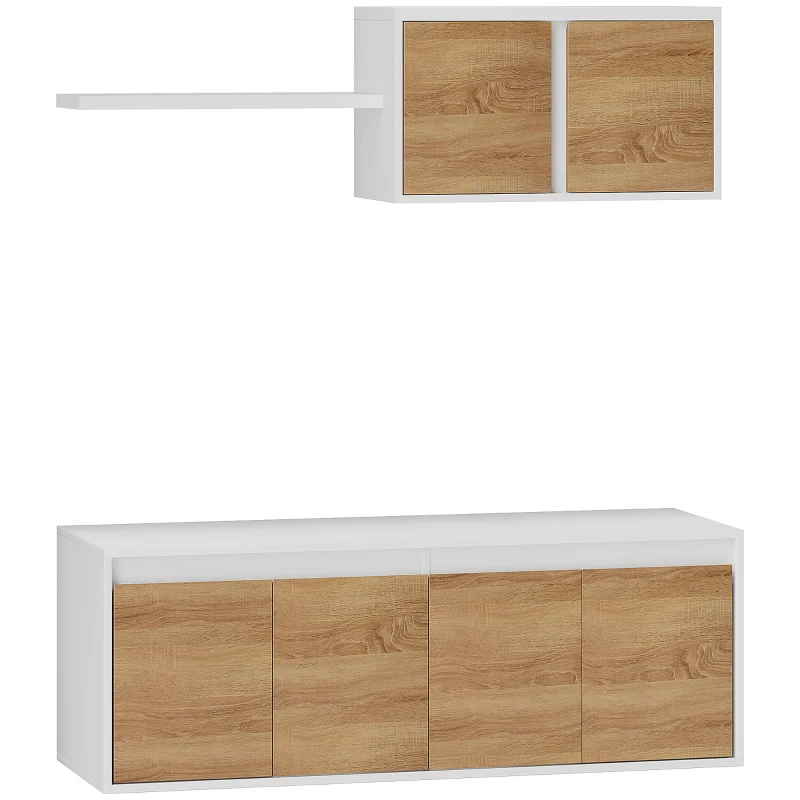 HOMCOM Set Mobilier TV și Dulap Suspendat cu 7 Rafturi și Raft Deschis, Mobilier pentru TV din PAL, 120x41x43,3 cm, Alb
