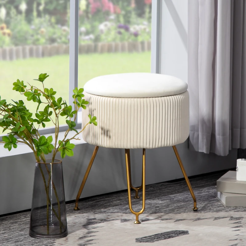 HOMCOM 2-in-1 storage ottoman with metal legs, round footstool for living room, bedroom, hallway, Cream White