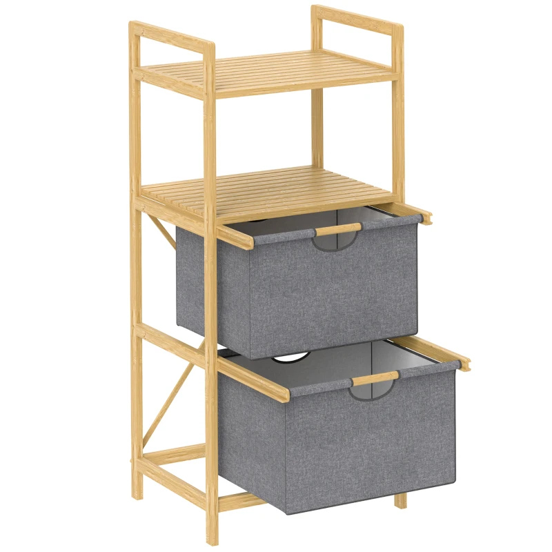 HOMCOM Bamboo Laundry Rack, with 2 Fabric Laundry Baskets, Open Shelves, Space-saving, Natural Wood
