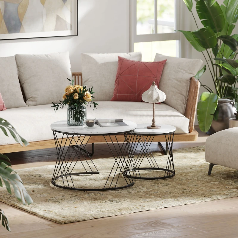 HOMCOM 2-Piece Coffee Tables, Marble Look, Particleboard, Metal, Round Nesting Coffee Tables for Living Room, White
