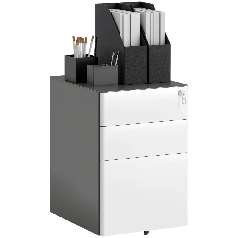 Vinsetto Filing cabinet, Rolling cabinet, 3 Drawers & Hanging File, Lock, Steel Housing, 39x48x59 cm, White+Gray
